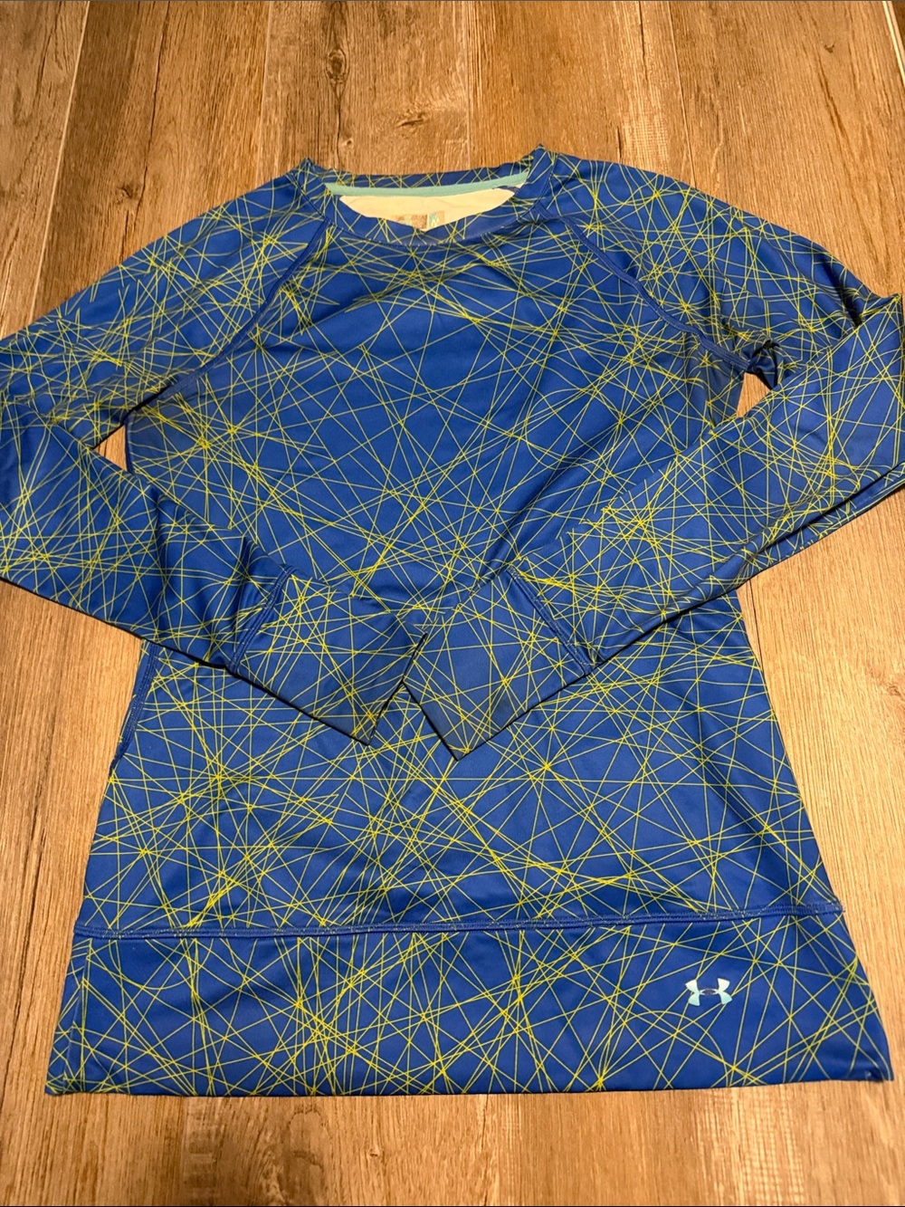 Under Armour Blue Long Sleeve Performance Shirt with Yellow-Green Line Print